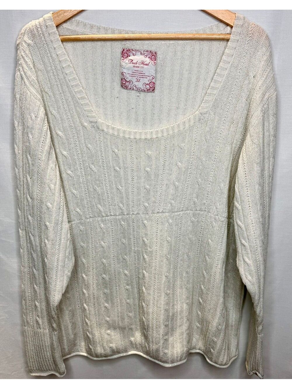 Duck Head Jeans Co Size 3X Ivory Silver Shimmer Cable Knit Babydoll Sweater
